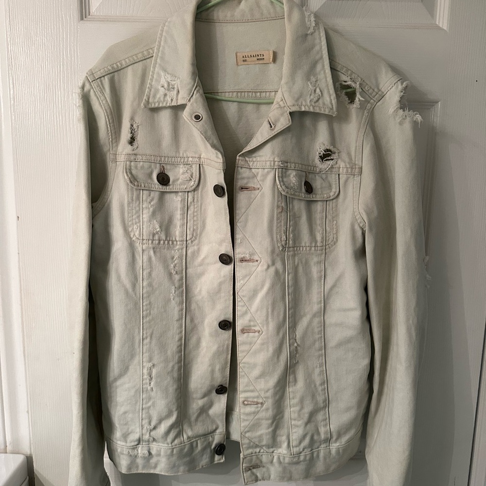 All Saints Men’s Distressed Cream Denim Jacket